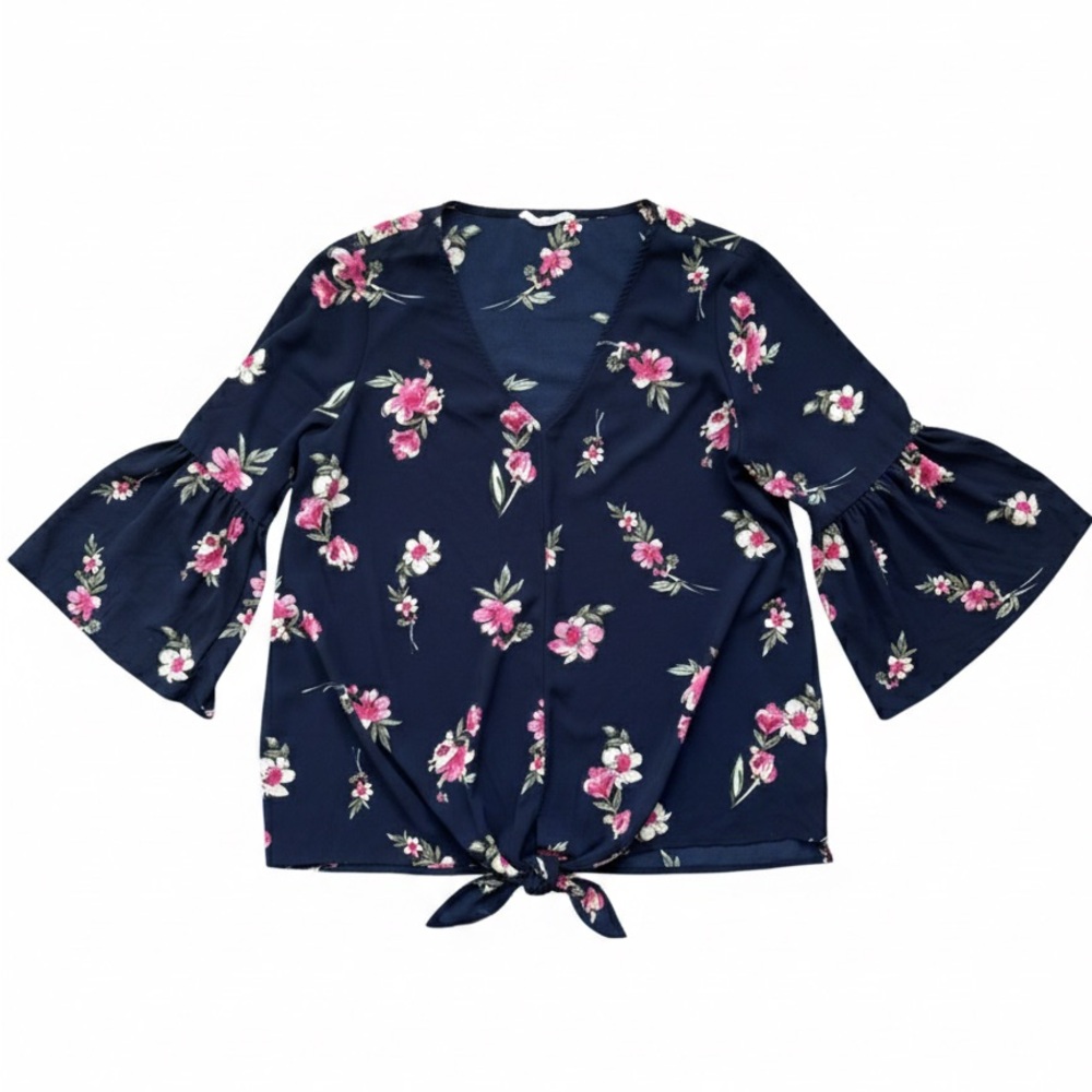 Boho Floral Top Sz S Cruise Vacation Bell Sleeves V-Neck Navy Blue 3/4 Sleeve